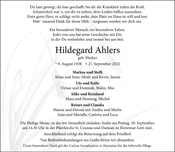 Anzeige von Hildegard Ahlers 