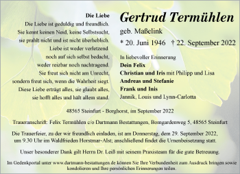 Anzeige von Gertrud Termühlen 