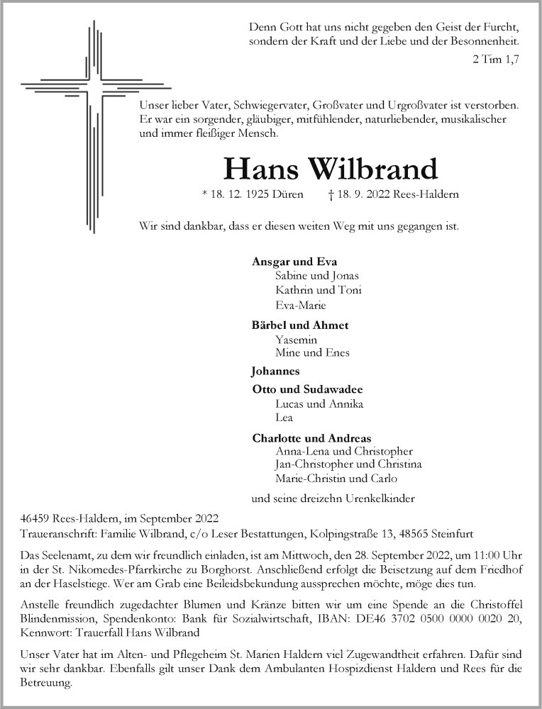  Traueranzeige für Hans Wilbrand vom 24.09.2022 aus 