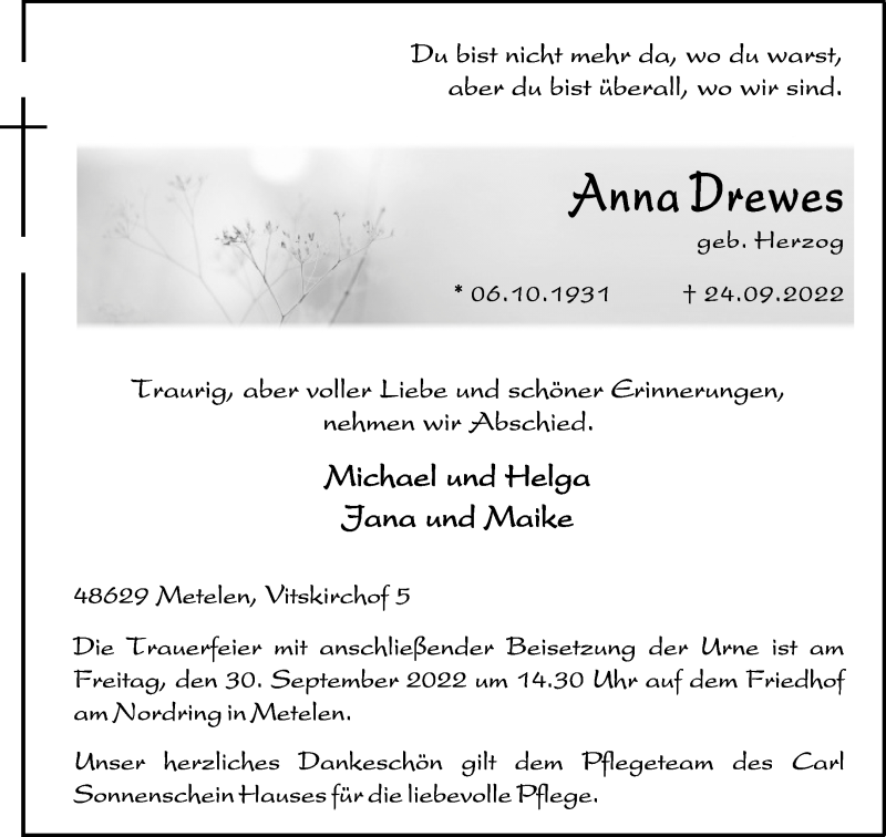  Traueranzeige für Anna Drewes vom 27.09.2022 aus 