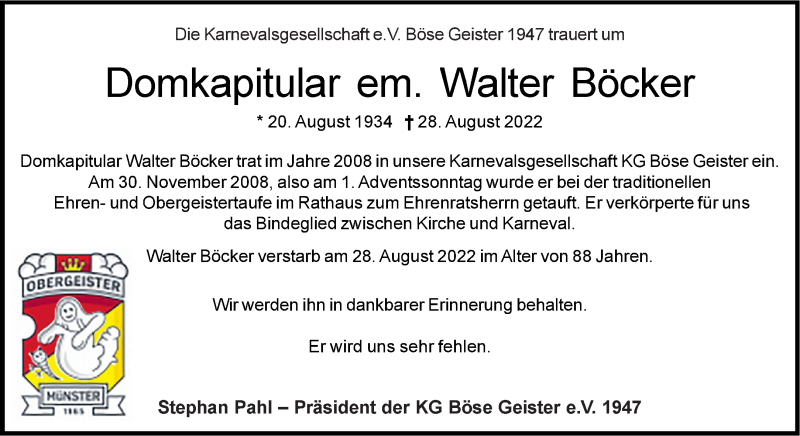  Traueranzeige für Walter Böcker vom 10.09.2022 aus 
