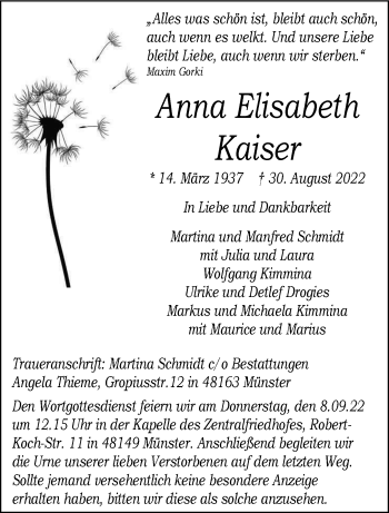 Anzeige von Anna Elisabeth Kaiser 