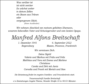 Anzeige von Manfred Alfons Breitschaft 