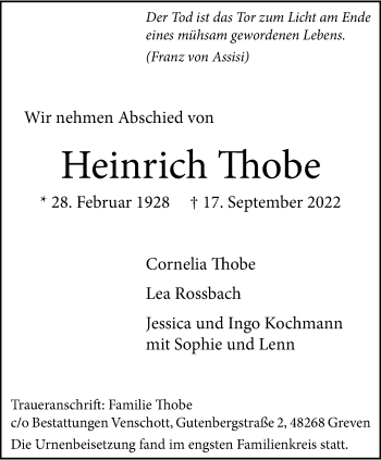 Anzeige von Heinrich Thobe 