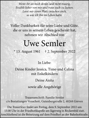 Anzeige von Uwe Semler 