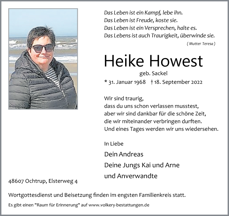  Traueranzeige für Heike Howest vom 21.09.2022 aus 