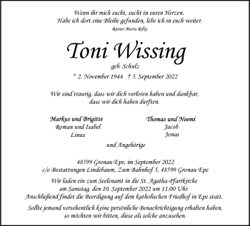 Anzeige von Toni Wissing 