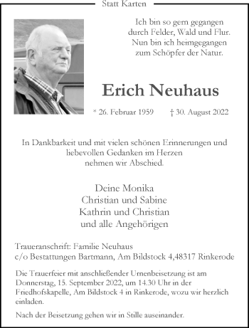 Anzeige von Erich Neuhaus 
