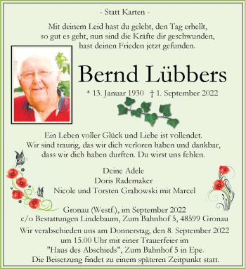 Anzeige von Bernd Lübbers 
