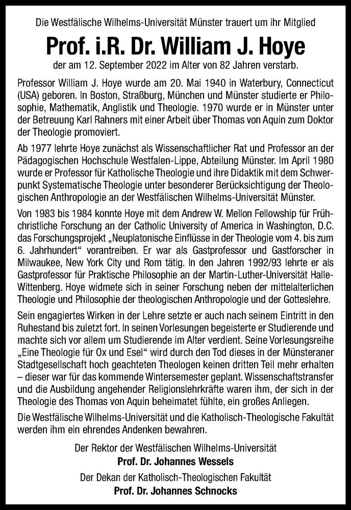  Traueranzeige für William Joseph Hoye vom 24.09.2022 aus 