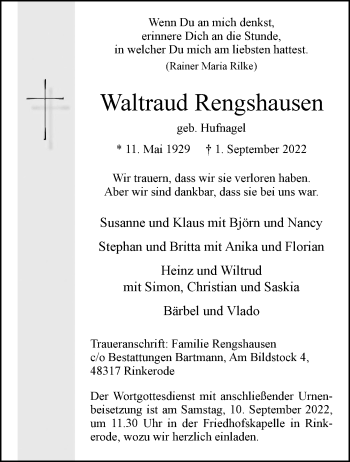 Anzeige von Waltraud Rengshausen 