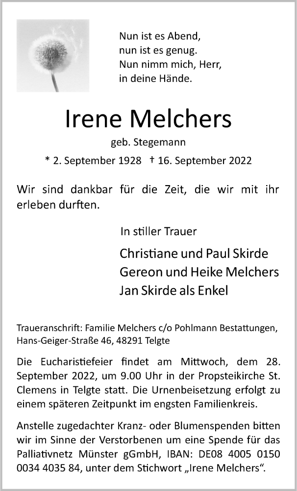  Traueranzeige für Irene Melchers vom 24.09.2022 aus 