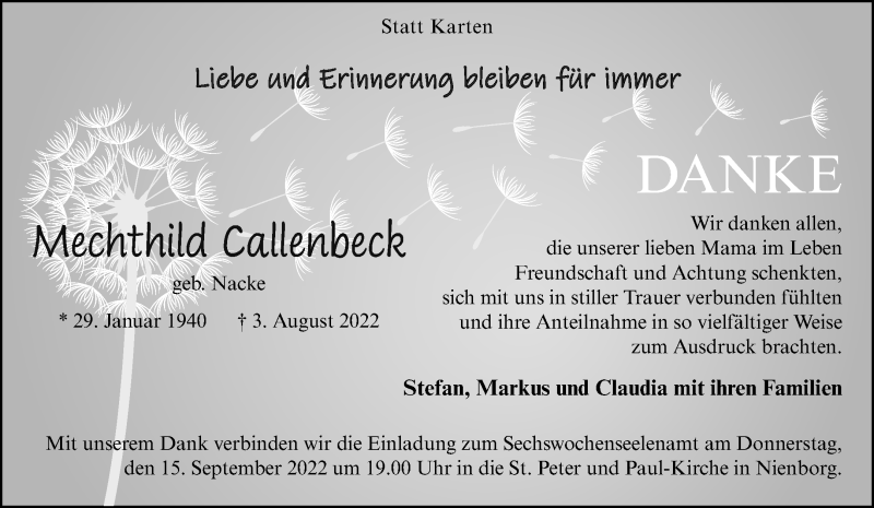  Traueranzeige für Mechthild Callenbeck vom 10.09.2022 aus 