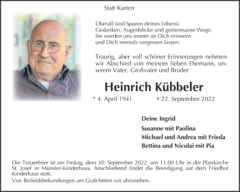 Anzeige von Heinrich Kübbeler 