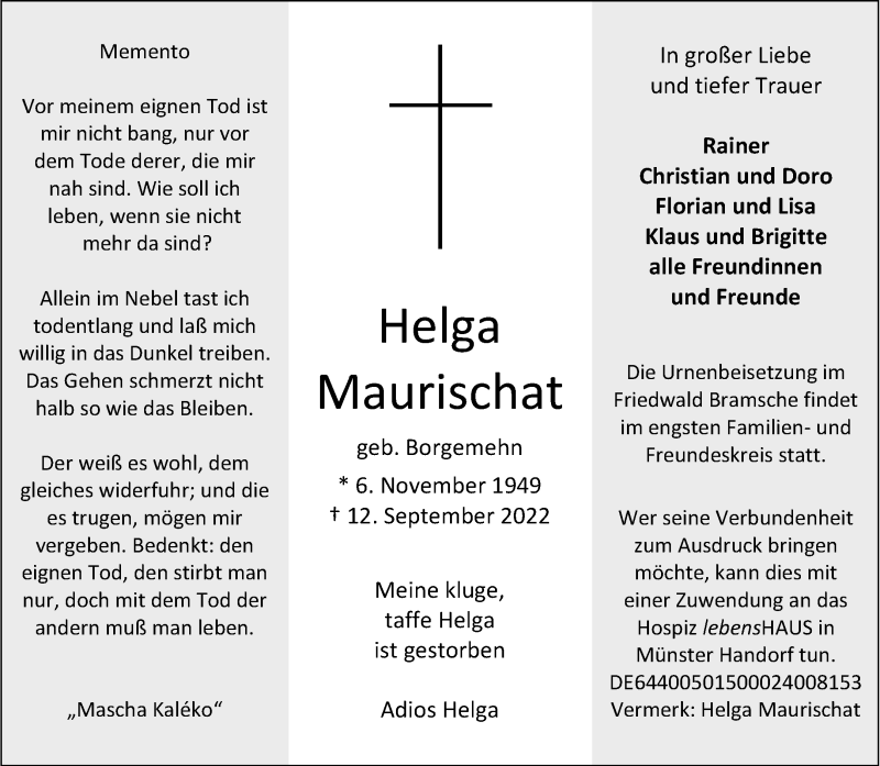  Traueranzeige für Helga Maurischat vom 17.09.2022 aus 
