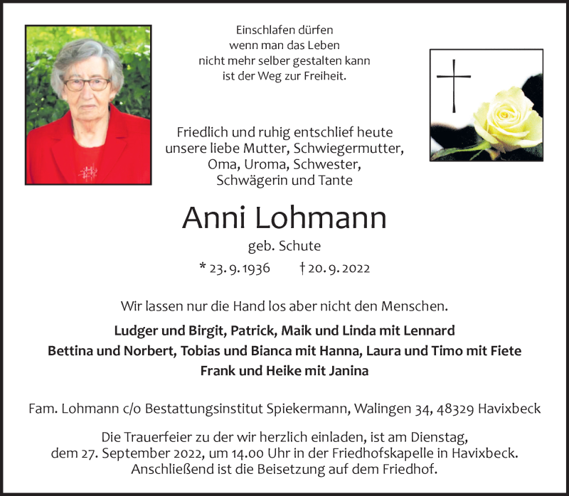  Traueranzeige für Anni Lohmann vom 24.09.2022 aus 