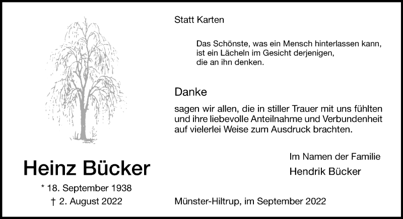  Traueranzeige für Heinz Bücker vom 03.09.2022 aus 