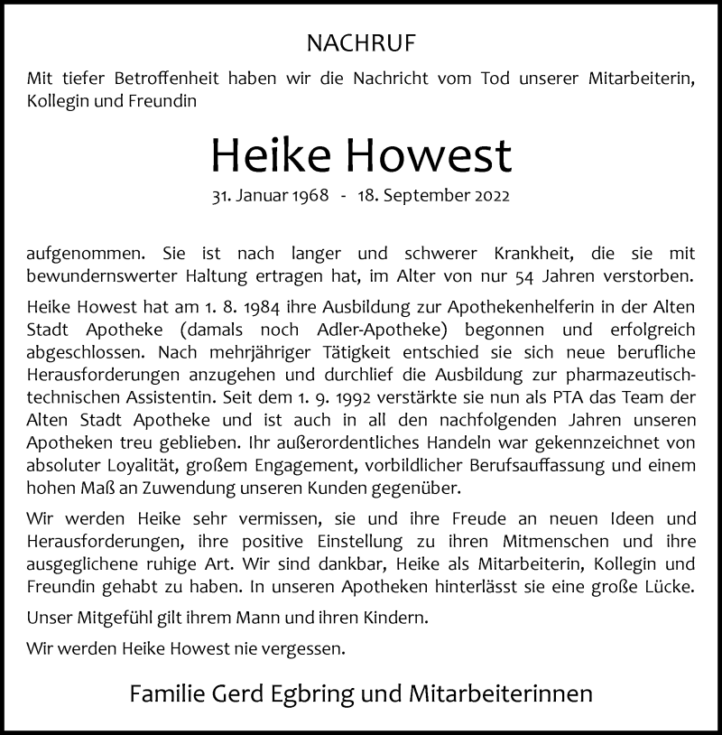  Traueranzeige für Heike Howest vom 22.09.2022 aus 