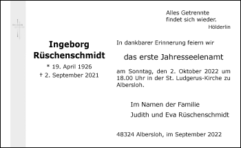 Anzeige von Ingeborg Rüschenschmidt 
