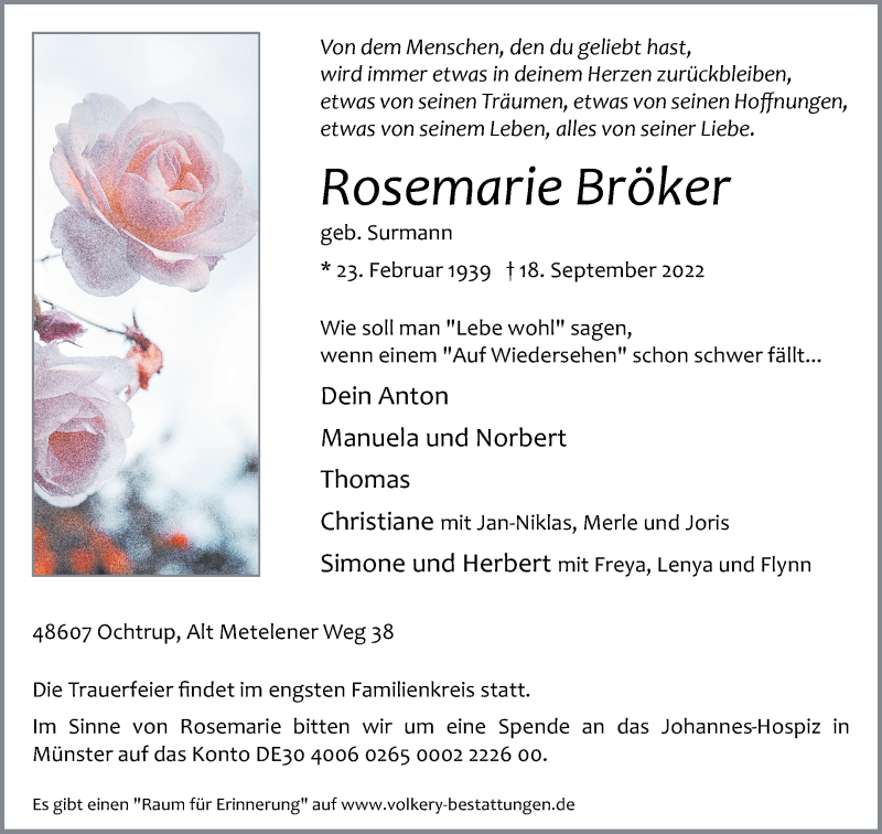  Traueranzeige für Rosemarie Bröker vom 21.09.2022 aus 