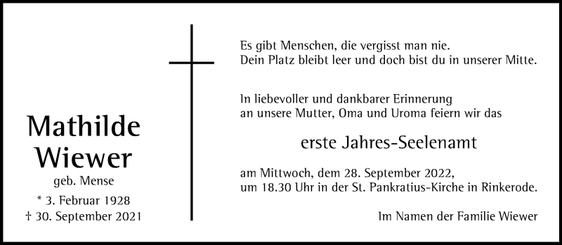  Traueranzeige für Mathilde Wiewer vom 24.09.2022 aus 