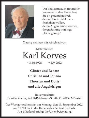 Anzeige von Karl Korves 