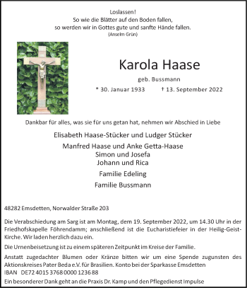 Anzeige von Karola Haase 