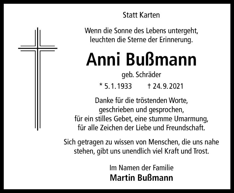  Traueranzeige für Anni Bußmann vom 24.09.2022 aus 