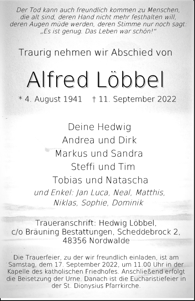  Traueranzeige für Alfred Löbbel vom 14.09.2022 aus 