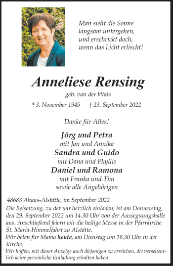 Anzeige von Anneliese Rensing 