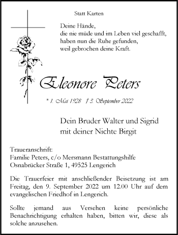 Anzeige von Eleonore Peters 