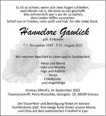 Anzeige von Hannelore Gewlick 