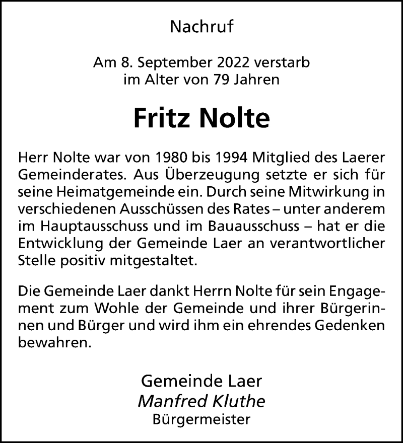  Traueranzeige für Fritz Nolte vom 24.09.2022 aus 