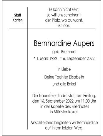 Anzeige von Bernhardine Aupers 