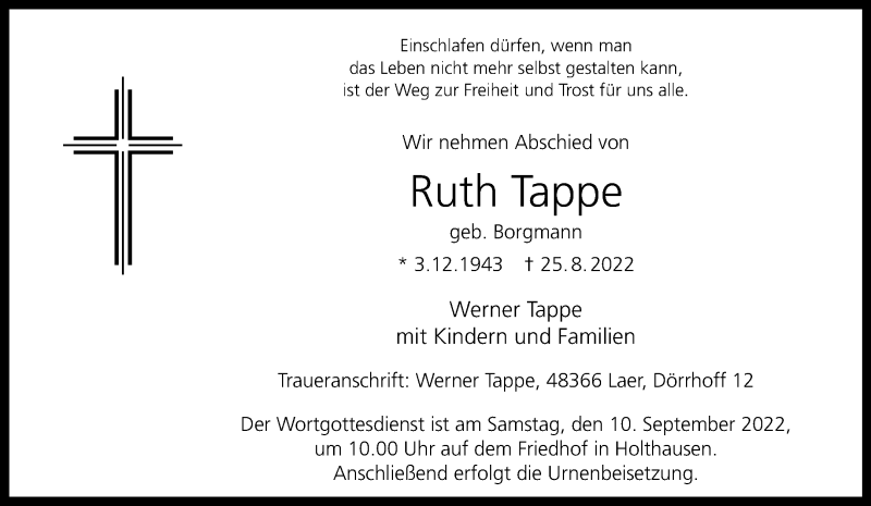  Traueranzeige für Ruth Tappe vom 03.09.2022 aus 