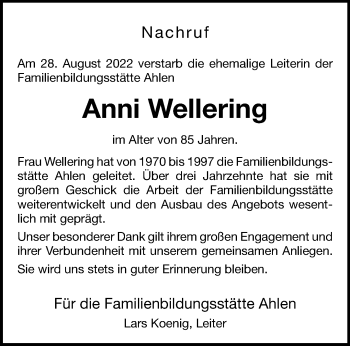 Anzeige von Anni Wellering 