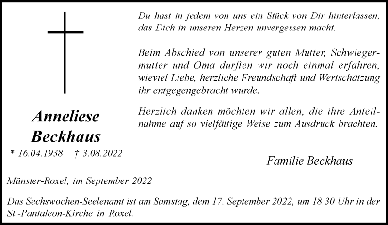  Traueranzeige für Anneliese Beckhaus vom 10.09.2022 aus 