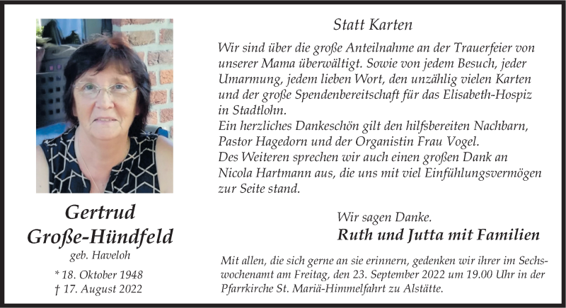  Traueranzeige für Gertrud Große-Hündfeld vom 17.09.2022 aus 
