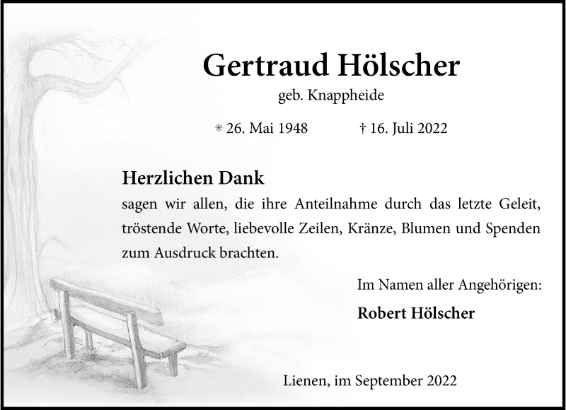  Traueranzeige für Gertraud Hölscher vom 03.09.2022 aus 