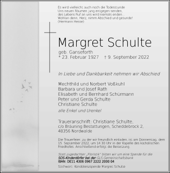 Anzeige von Margret Schulte 