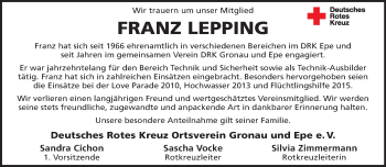 Anzeige von Franz Lepping 