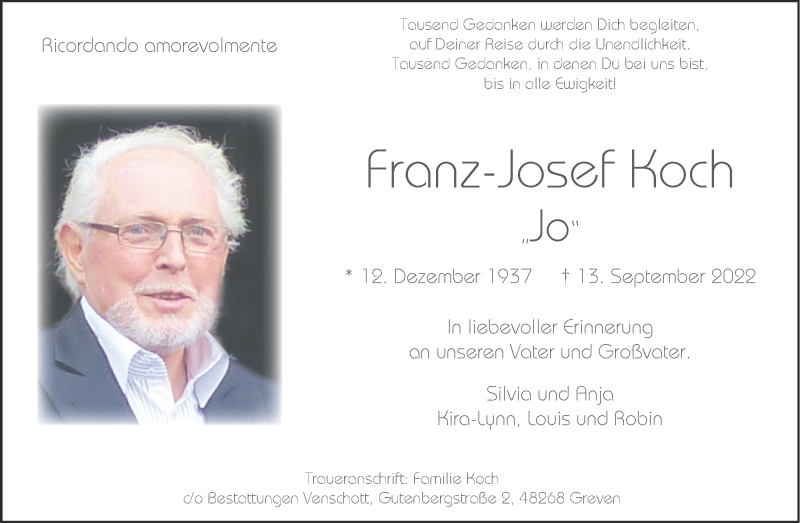  Traueranzeige für Franz-Josef Koch vom 24.09.2022 aus 