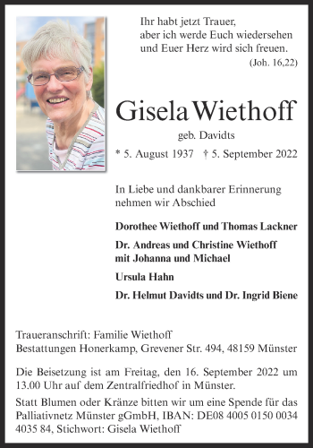 Anzeige von Gisela Wiethoff 
