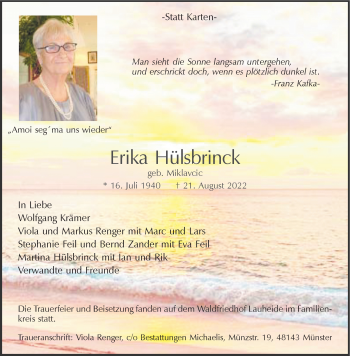 Anzeige von Erika Hülsbrinck 
