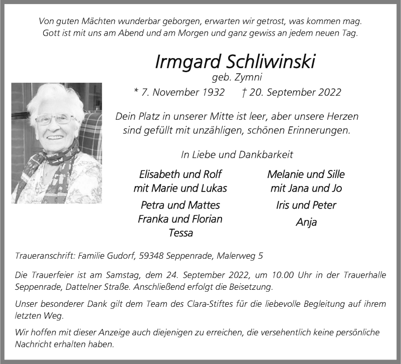  Traueranzeige für Irmgard Schliwinski vom 22.09.2022 aus 