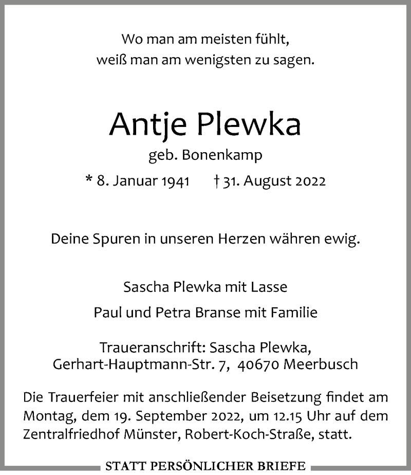  Traueranzeige für Antje Plewka vom 17.09.2022 aus 