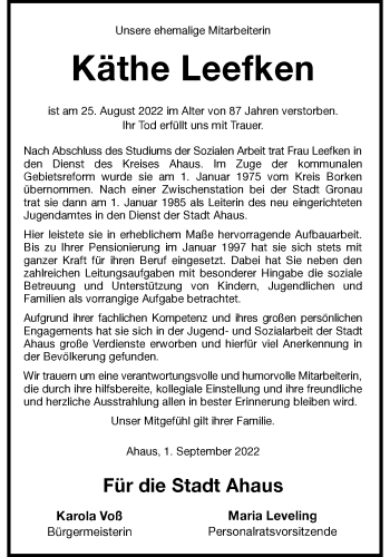 Anzeige von Käthe Leefken 