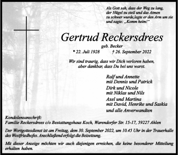 Anzeige von Gertrud Reckersdrees 