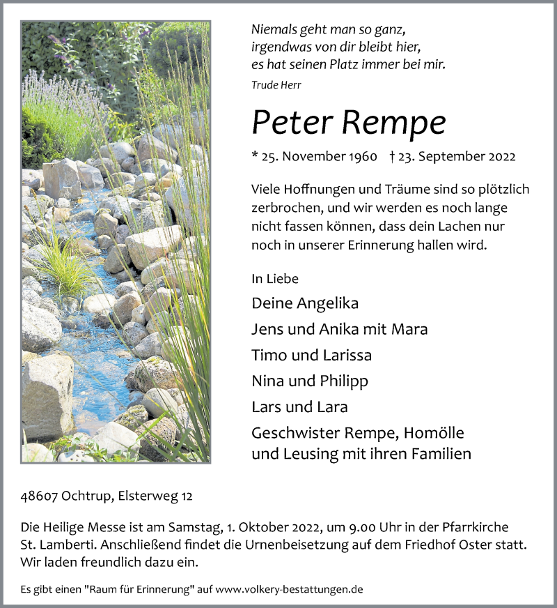  Traueranzeige für Peter Rempe vom 26.09.2022 aus 