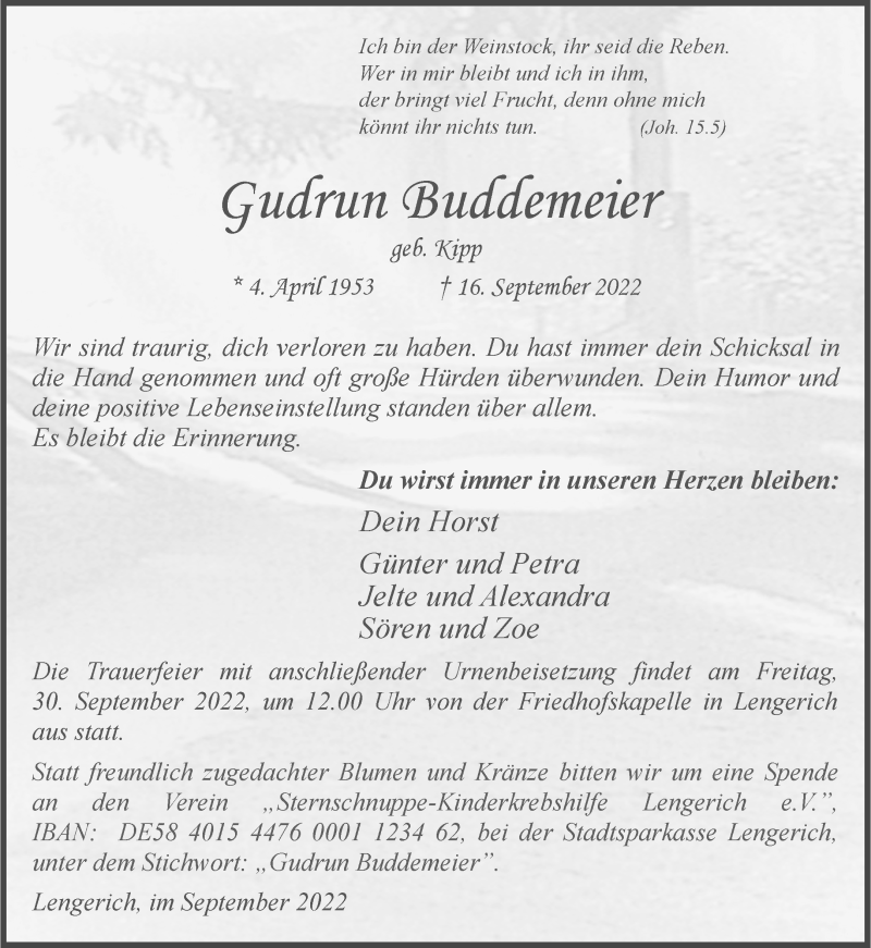  Traueranzeige für Gudrun Buddemeier vom 28.09.2022 aus 